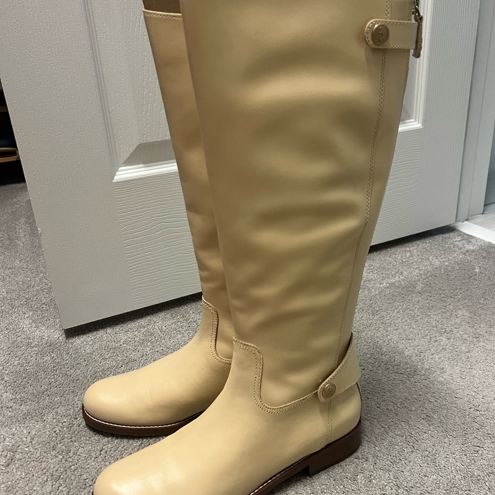 Sam Edelman Mikala Eggshell Block Heel Round Toe Zipper Leather Knee High Boots